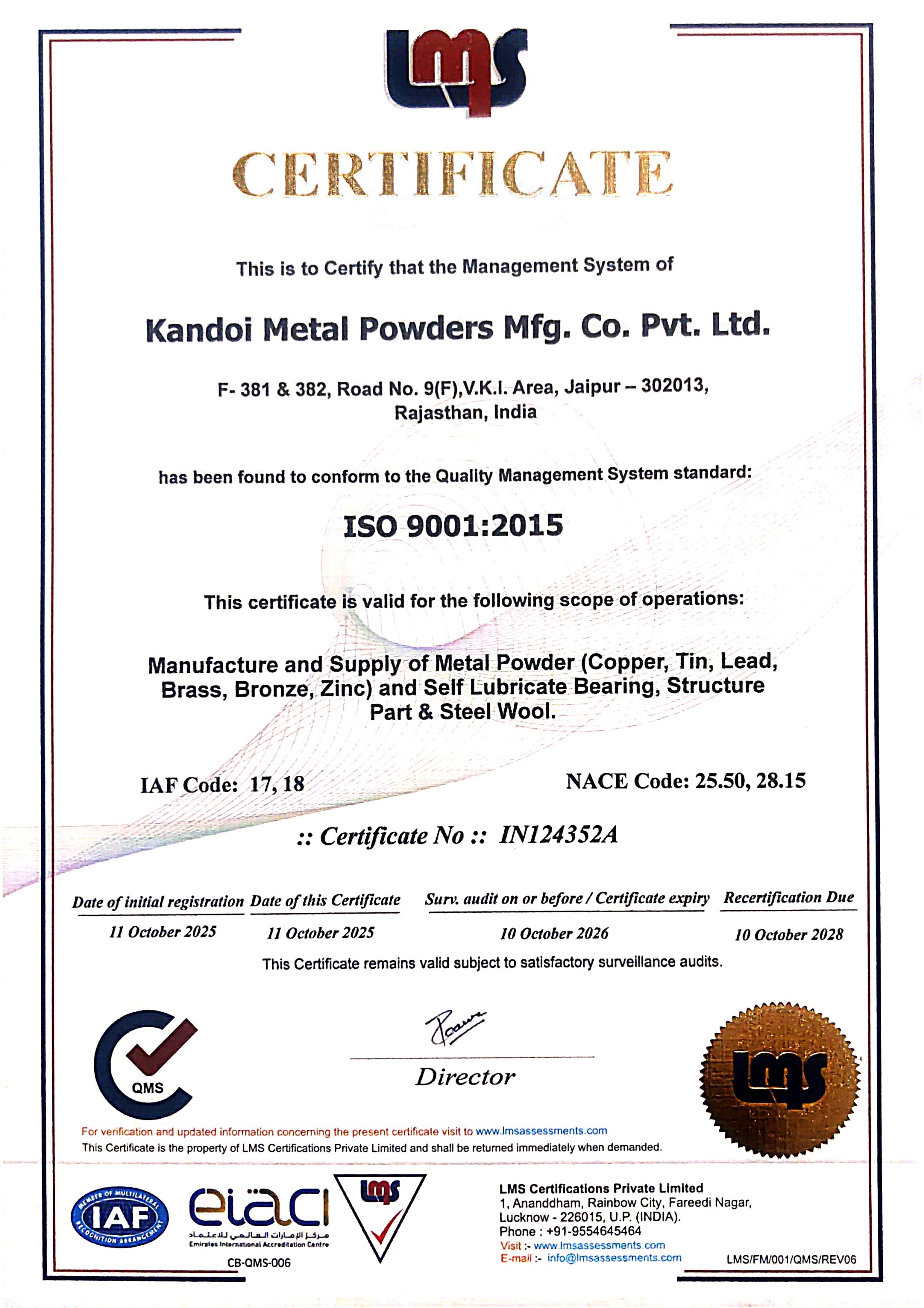 ISO 9001:2015 Certificate — Kandoi Metal Powders